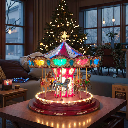 Deluxe Christmas Carousel , Musical Animated Christmas Decoration with  LED Lights , 1.5 Feet high