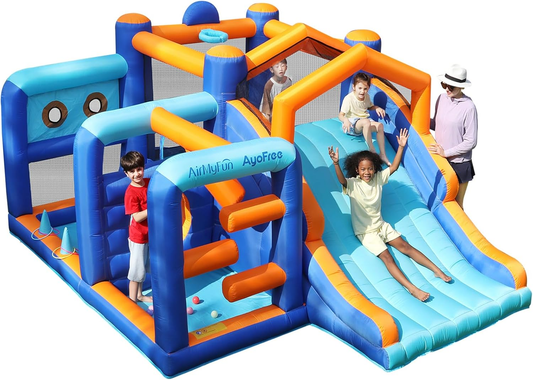 Multi-Activity Inflatable Bouncy Castle with Slide, Ball Pit, Basketball Hoop & Climbing Area – Kids Indoor Outdoor Fun Playset