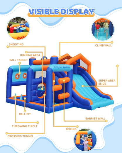 Multi-Activity Inflatable Bouncy Castle with Slide, Ball Pit, Basketball Hoop & Climbing Area – Kids Indoor Outdoor Fun Playset