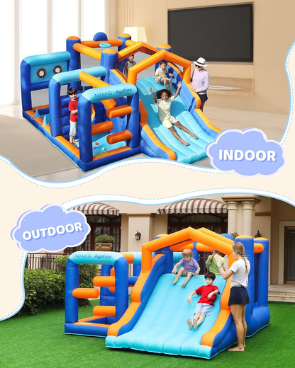 Multi-Activity Inflatable Bouncy Castle with Slide, Ball Pit, Basketball Hoop & Climbing Area – Kids Indoor Outdoor Fun Playset