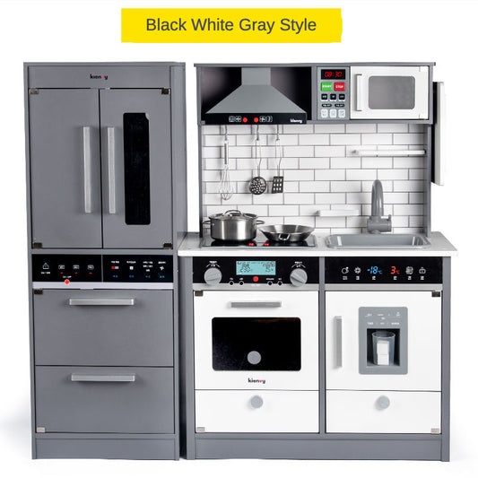 Luxury Wooden Kitchen Play Set for Kids with Ice Dispenser & Realistic Appliances – Modern Grey Pretend Play Cooking Toy with Accessories
