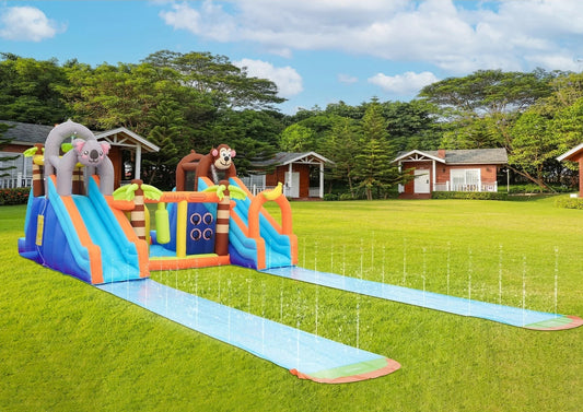 Jungle Adventure Kids Water Bouncy Castle with Dual Slides & Splash Pool – Inflatable Bounce House with Water Play & Climbing Area