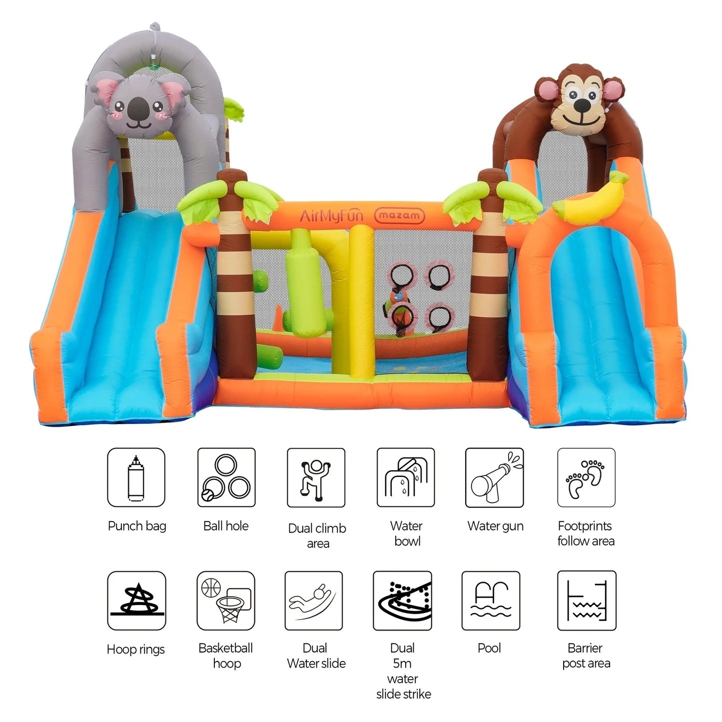Jungle Adventure Kids Water Bouncy Castle with Dual Slides & Splash Pool – Inflatable Bounce House with Water Play & Climbing Area