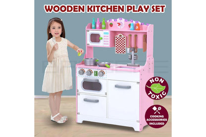 Kids Wooden Kitchen Playset with Utensils & Accessories – Interactive Pretend Cooking Set with Oven, Sink & Storage