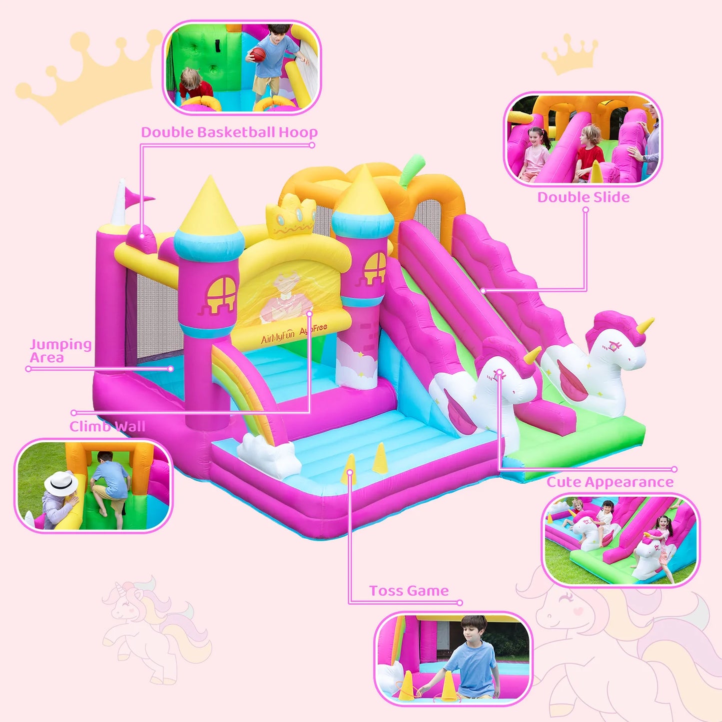 Magical Unicorn Kids Bouncy Castle with Double Slide & Jumping Area – Inflatable Bounce House with Climber & Hoop
