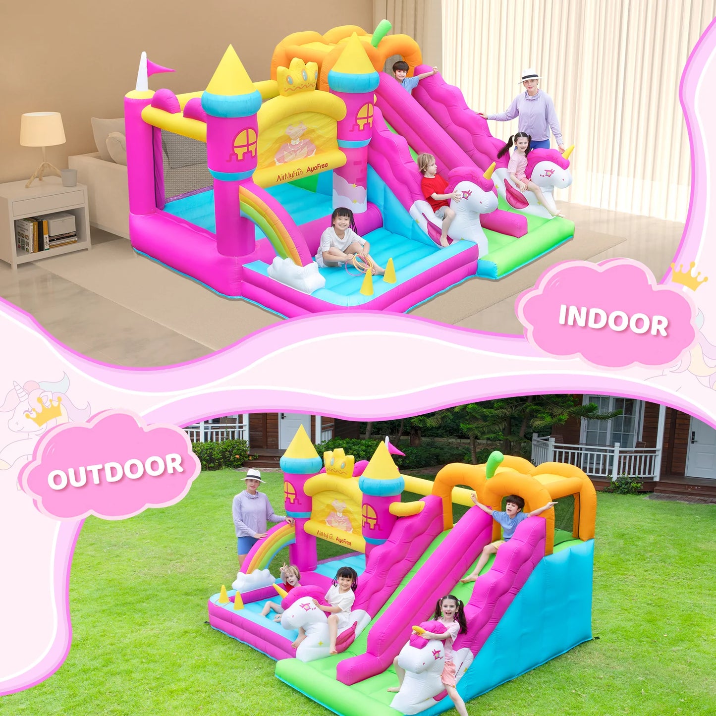 Magical Unicorn Kids Bouncy Castle with Double Slide & Jumping Area – Inflatable Bounce House with Climber & Hoop