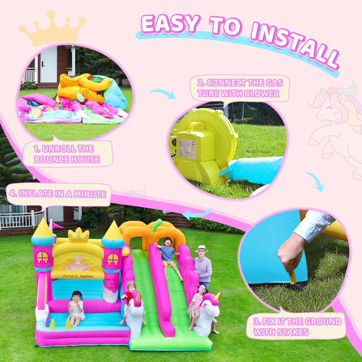 Magical Unicorn Kids Bouncy Castle with Double Slide & Jumping Area – Inflatable Bounce House with Climber & Hoop