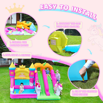 Magical Unicorn Kids Bouncy Castle with Double Slide & Jumping Area – Inflatable Bounce House with Climber & Hoop