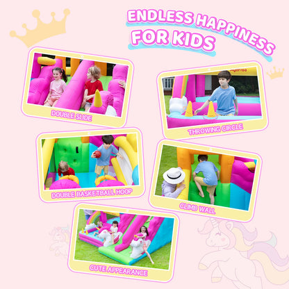 Magical Unicorn Kids Bouncy Castle with Double Slide & Jumping Area – Inflatable Bounce House with Climber & Hoop