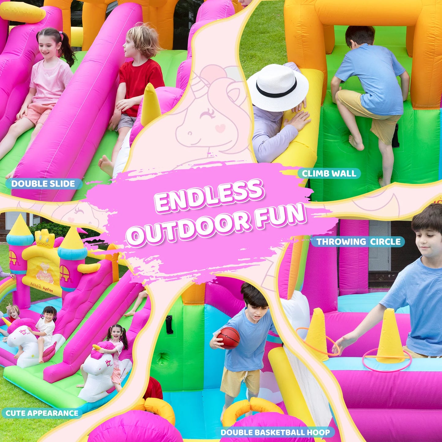Magical Unicorn Kids Bouncy Castle with Double Slide & Jumping Area – Inflatable Bounce House with Climber & Hoop