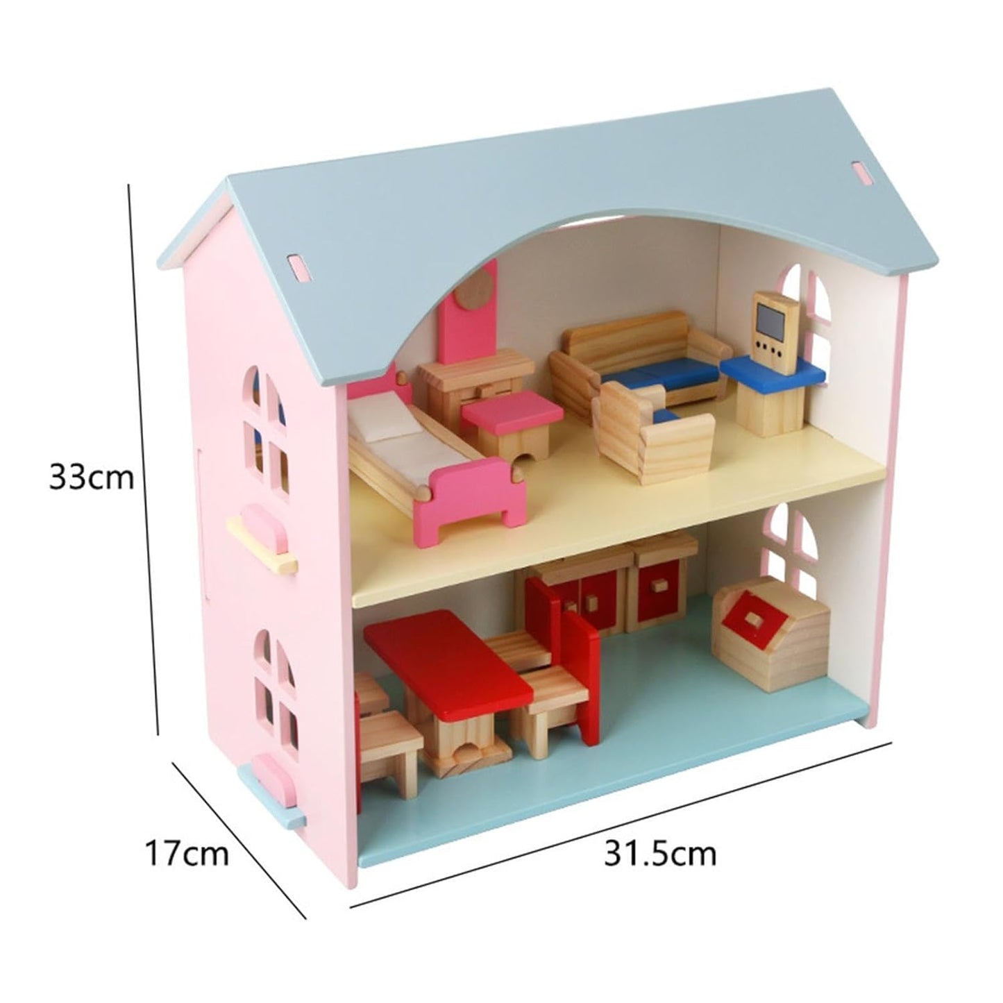 Classic Wooden Doll House Toy Set with Mini Furniture – Double Storey Kids Dollhouse for Imaginative Role Play