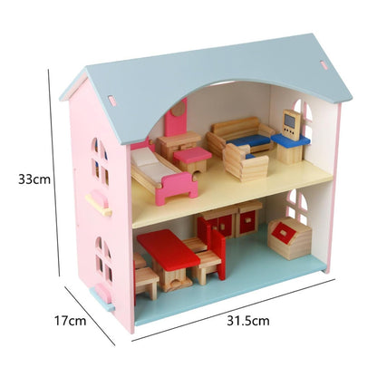 Classic Wooden Doll House Toy Set with Mini Furniture – Double Storey Kids Dollhouse for Imaginative Role Play