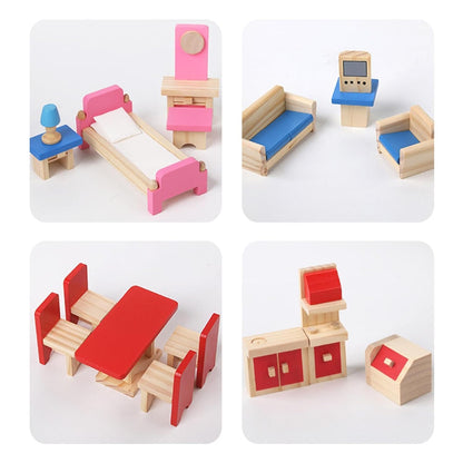 Classic Wooden Doll House Toy Set with Mini Furniture – Double Storey Kids Dollhouse for Imaginative Role Play