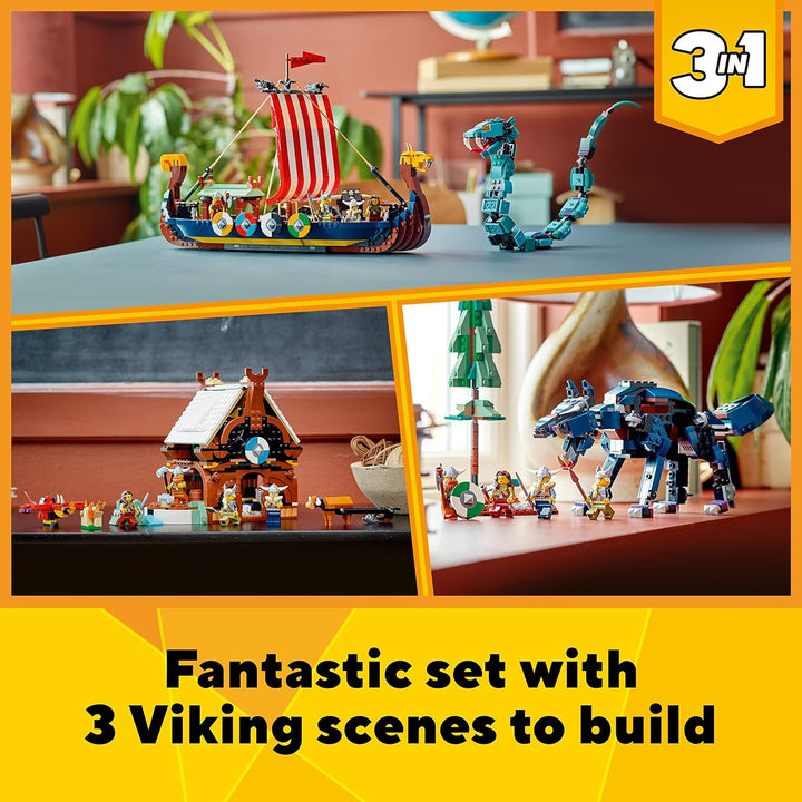 LEGO Creator 3in1 Viking Ship&The Midgard Serpent 31132 Building Kit (1,192 Pcs),Multicolor