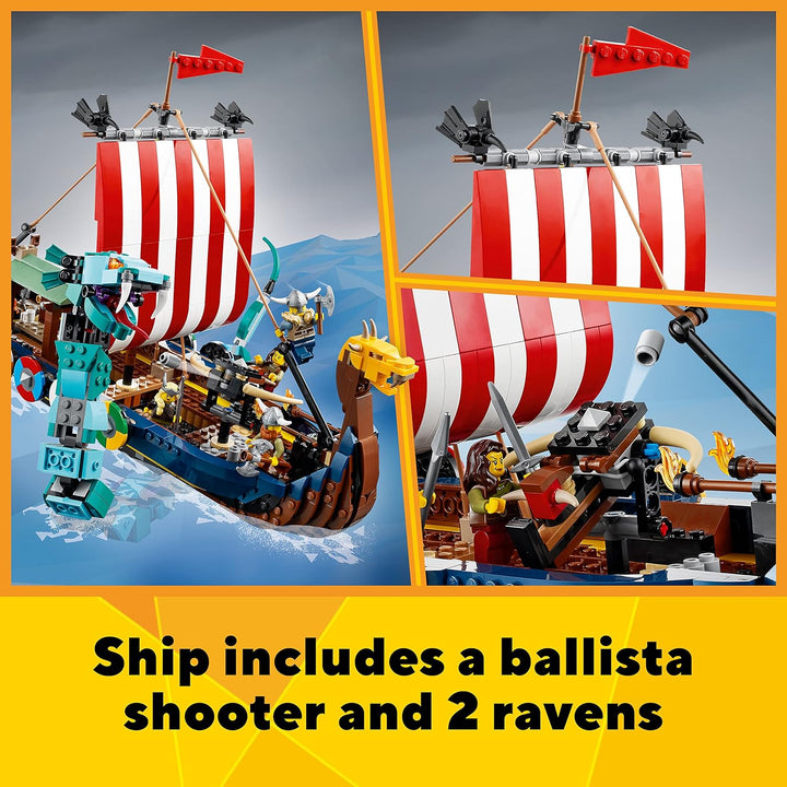 LEGO Creator 3in1 Viking Ship&The Midgard Serpent 31132 Building Kit (1,192 Pcs),Multicolor