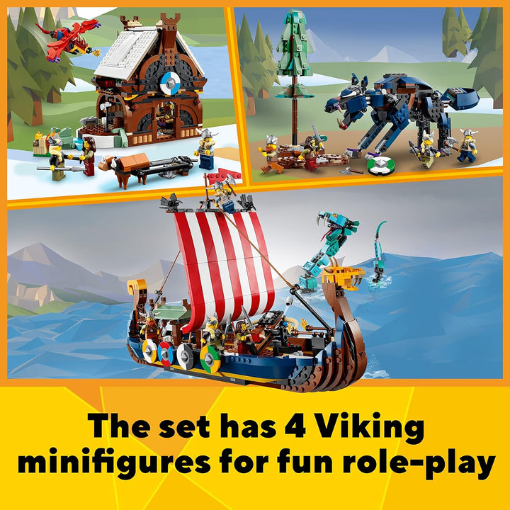 LEGO Creator 3in1 Viking Ship&The Midgard Serpent 31132 Building Kit (1,192 Pcs),Multicolor