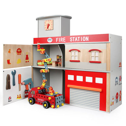 Deluxe Wooden Fire Station Pretend Playset with Fire Truck & Accessories