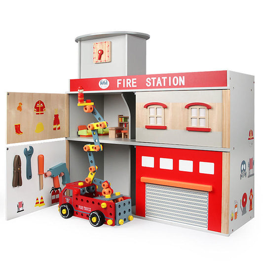 Deluxe Wooden Fire Station Pretend Playset with Fire Truck & Accessories