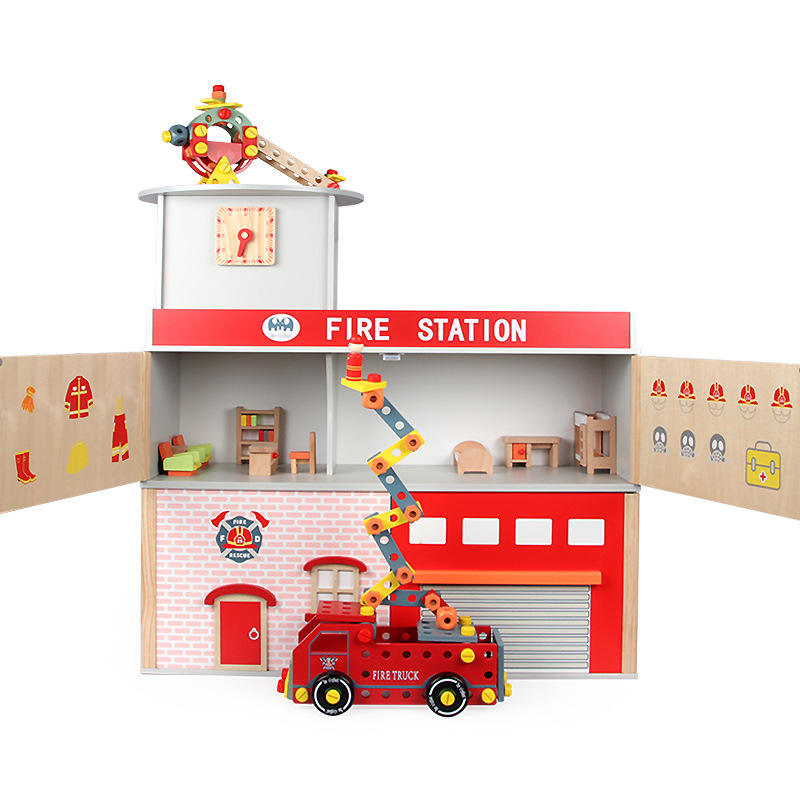 Deluxe Wooden Fire Station Pretend Playset with Fire Truck & Accessories