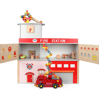 Deluxe Wooden Fire Station Pretend Playset with Fire Truck & Accessories