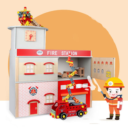 Deluxe Wooden Fire Station Pretend Playset with Fire Truck & Accessories