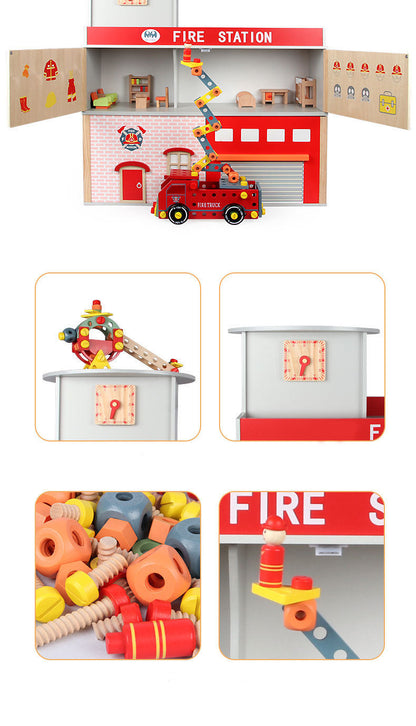 Deluxe Wooden Fire Station Pretend Playset with Fire Truck & Accessories