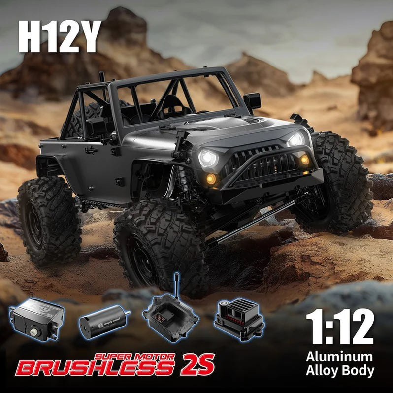 HyperGo H12Y 1:12 4WD Brushless RC Rock Crawler – Aluminum Alloy Jeep-Style Off-Road Remote Control Car with LED Lights