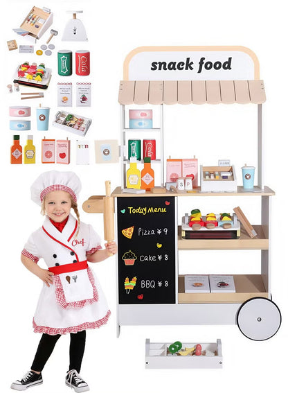 Premium Wooden Kids Ice Cream Cart Playset with Wheels, Canopy & Pretend Dessert Accessories
