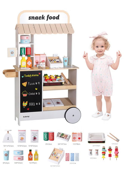 Premium Wooden Kids Ice Cream Cart Playset with Wheels, Canopy & Pretend Dessert Accessories