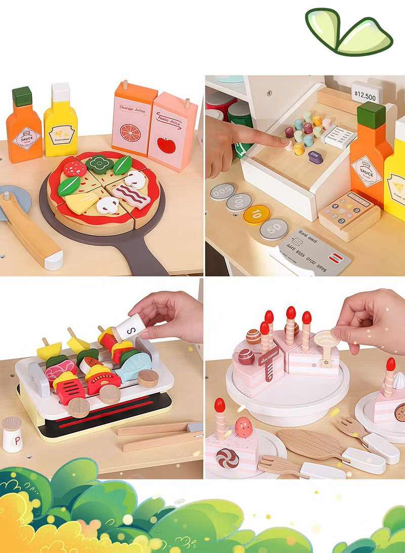 Premium Wooden Kids Ice Cream Cart Playset with Wheels, Canopy & Pretend Dessert Accessories