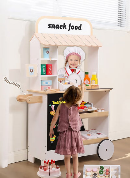Premium Wooden Kids Ice Cream Cart Playset with Wheels, Canopy & Pretend Dessert Accessories