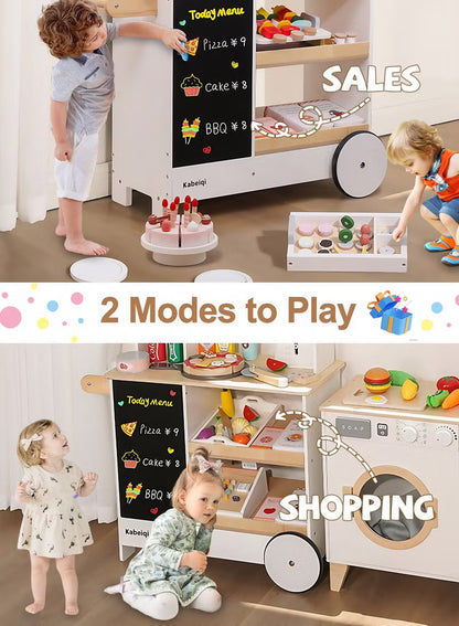 Premium Wooden Kids Ice Cream Cart Playset with Wheels, Canopy & Pretend Dessert Accessories
