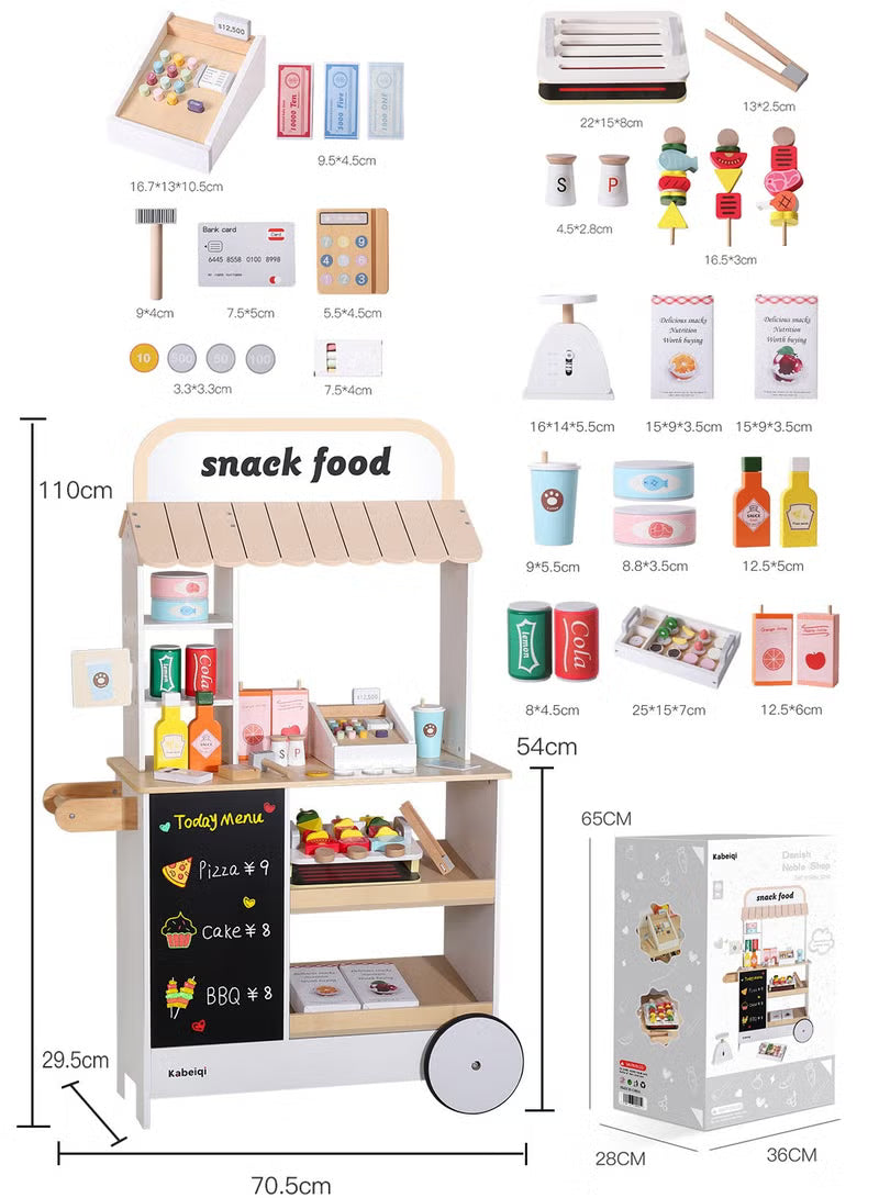 Premium Wooden Kids Ice Cream Cart Playset with Wheels, Canopy & Pretend Dessert Accessories