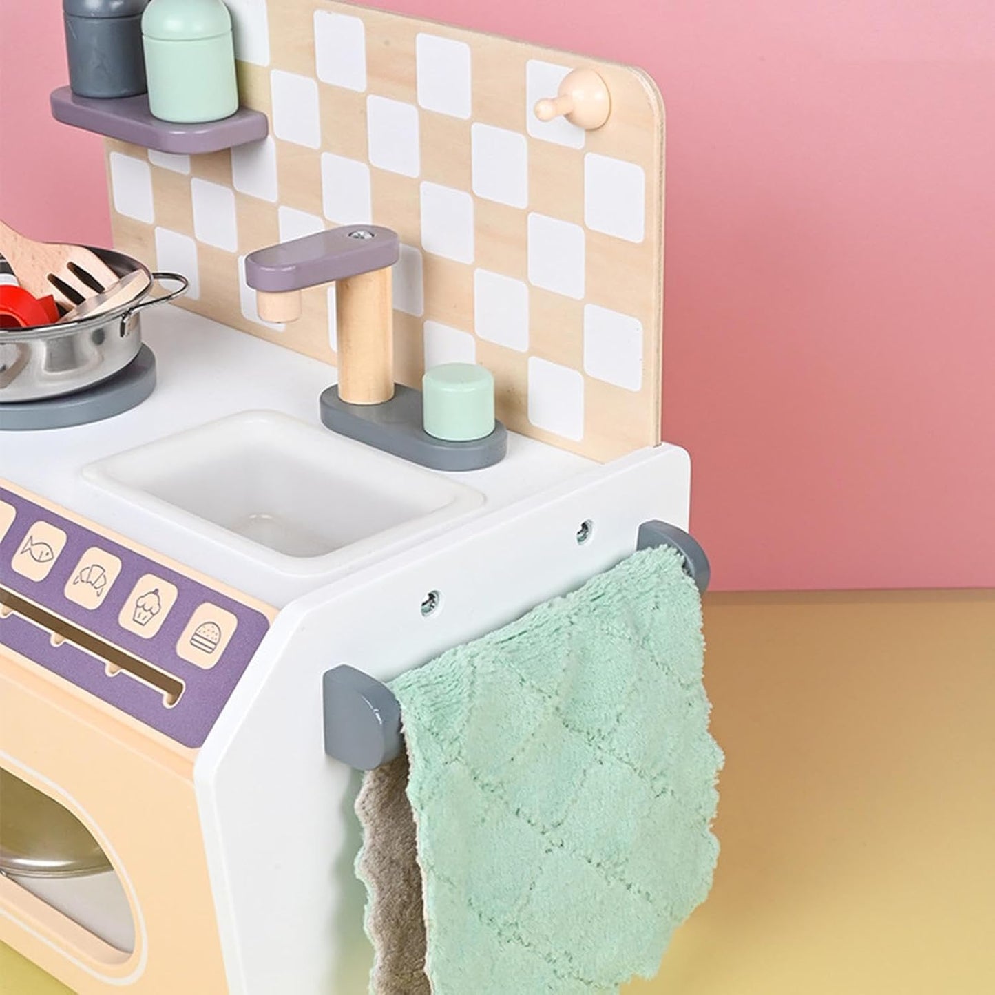Wooden Kids Mini Kitchen Playset with Stove, Sink, Oven, Cookware & Cooking Accessories