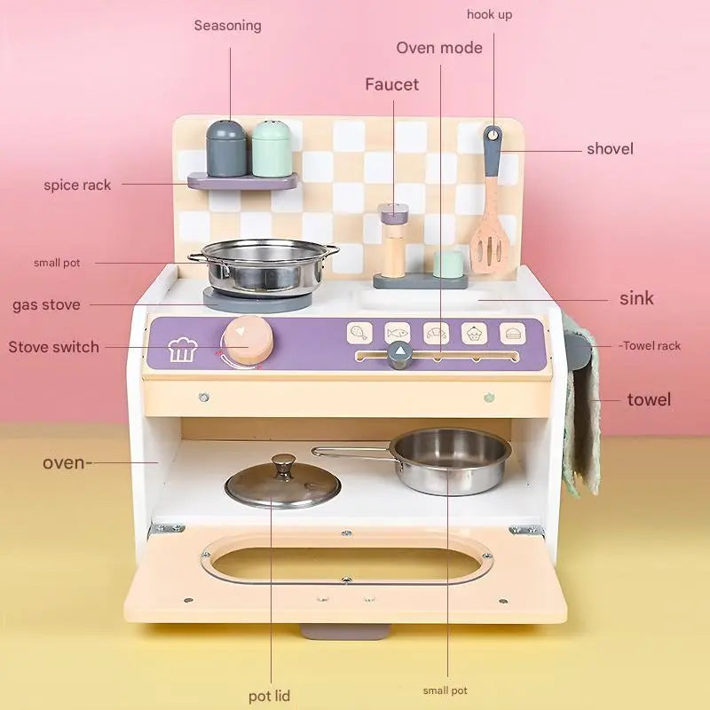 Wooden Kids Mini Kitchen Playset with Stove, Sink, Oven, Cookware & Cooking Accessories
