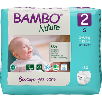 Bambo Nature Premium Baby Tape Diapers for New Born Baby, S Size (3-6 Kgs) - Super Absorbent, Breathable, Extra Soft, Dermatologically Tested, Hypoallergenic Nappies With A Wetness Indicator, 30 Count