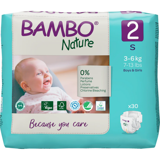 Bambo Nature Premium Baby Tape Diapers for New Born Baby, S Size (3-6 Kgs) - Super Absorbent, Breathable, Extra Soft, Dermatologically Tested, Hypoallergenic Nappies With A Wetness Indicator, 30 Count