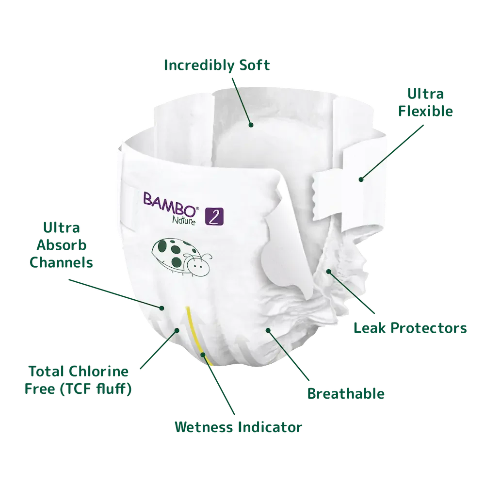 Bambo Nature Premium Baby Tape Diapers for New Born Baby, S Size (3-6 Kgs) - Super Absorbent, Breathable, Extra Soft, Dermatologically Tested, Hypoallergenic Nappies With A Wetness Indicator, 30 Count