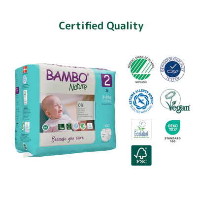 Bambo Nature Premium Baby Tape Diapers for New Born Baby, S Size (3-6 Kgs) - Super Absorbent, Breathable, Extra Soft, Dermatologically Tested, Hypoallergenic Nappies With A Wetness Indicator, 30 Count
