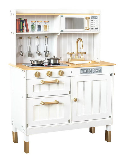 Deluxe Wooden Kids Pretend Play Kitchen with Sink, Cooking Stove, Oven & Kitchen Accessories