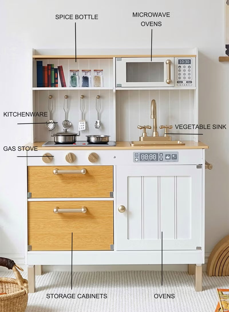 Deluxe Wooden Kids Pretend Play Kitchen with Sink, Cooking Stove, Oven & Kitchen Accessories