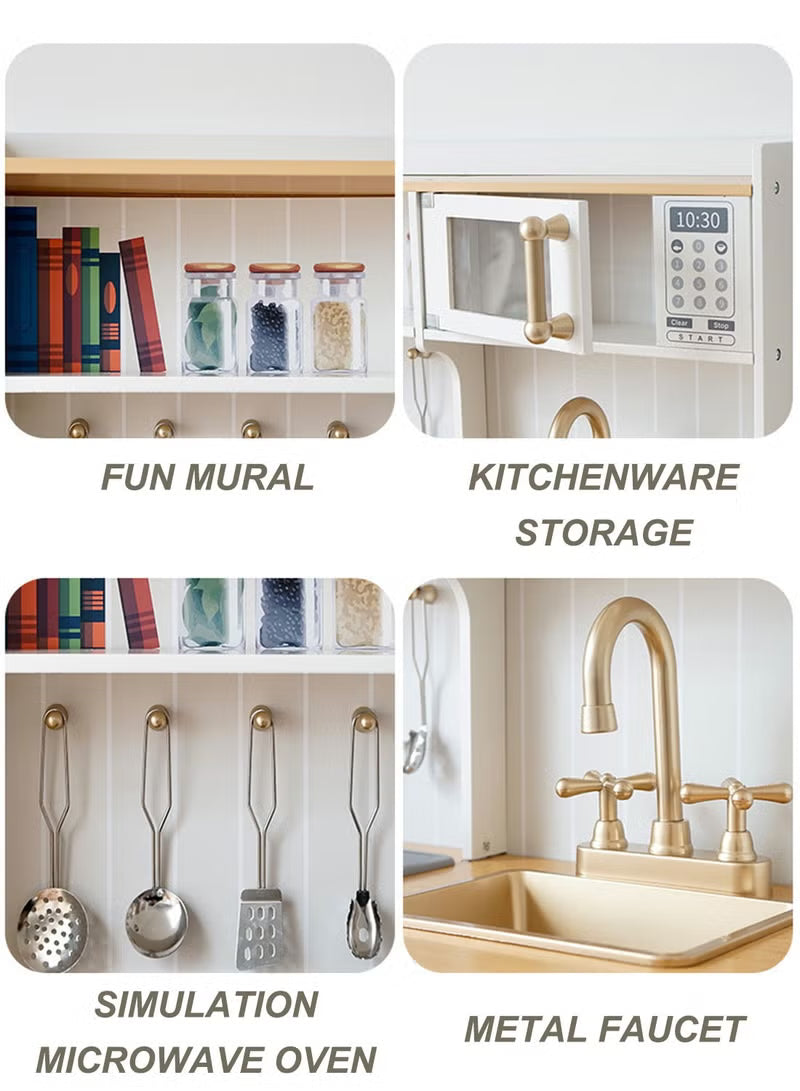 Deluxe Wooden Kids Pretend Play Kitchen with Sink, Cooking Stove, Oven & Kitchen Accessories