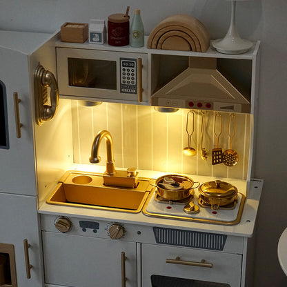 Big Wooden Pretend Play Kitchen Set with Light and Sound with Sink Play Toy,Oven Microwave,Toddler Cooking Set