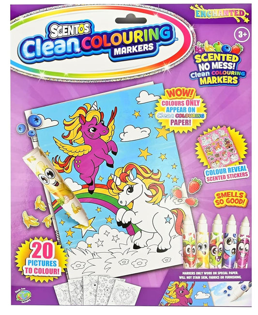 Scentos CleanColouring Markers Enchanted Unicorn Set By Fratelli | 20 pictures to color, Colour Reveal Stickers and 5 Scented Clean Colouring Markers(PACK OF 12)