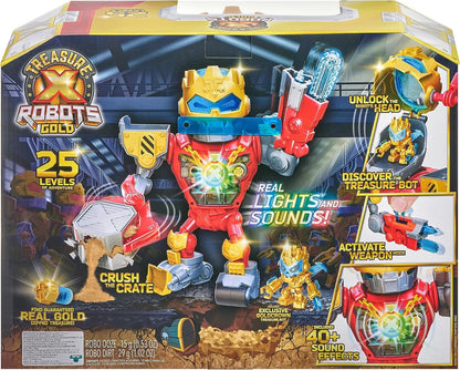 REASURE X Robots Gold Mega Treasure Bot Robot with Lights and Sounds; 25 Exciting Adventure Levels and Guaranteed Included Treasure with Real Gold Plating.