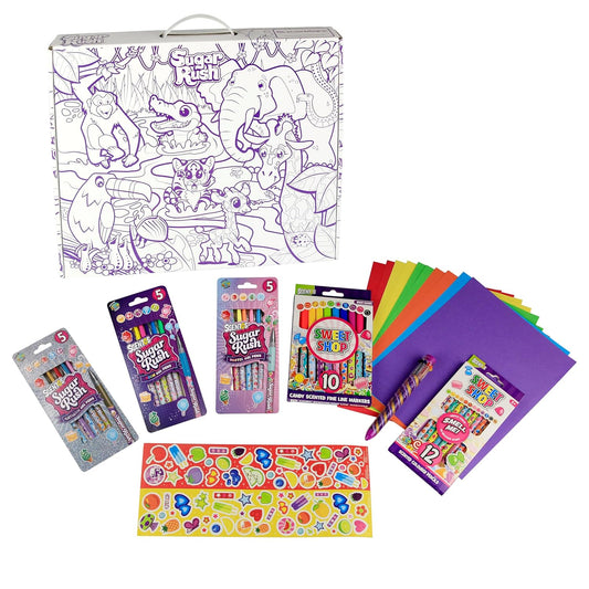 Scentos Sugar Rush Sweet Shop Mega Coloring By Fratelli | 10 fineline markers, 12 Colouring pencils, 5 Glitter GelPens, 5 Metallic GelPens, 5 Neon GelPens, 1 Rainbow Pen and Customisable carry case(PACK OF 6)
