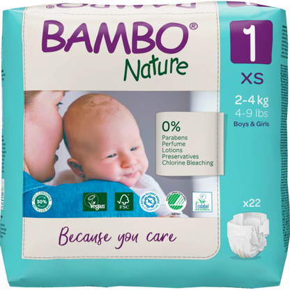 Bambo Nature Premium Baby Tape Diapers for New Born Baby, XS Size (2-4 Kgs) - Super Absorbent, Breathable, Extra Soft, Dermatologically Tested, Hypoallergenic Nappies With A Wetness Indicator, 22 Count