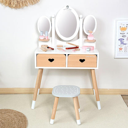 Luxury Wooden Kids Makeup Dressing Table Playset with Stool, Mirror & Beauty Accessories