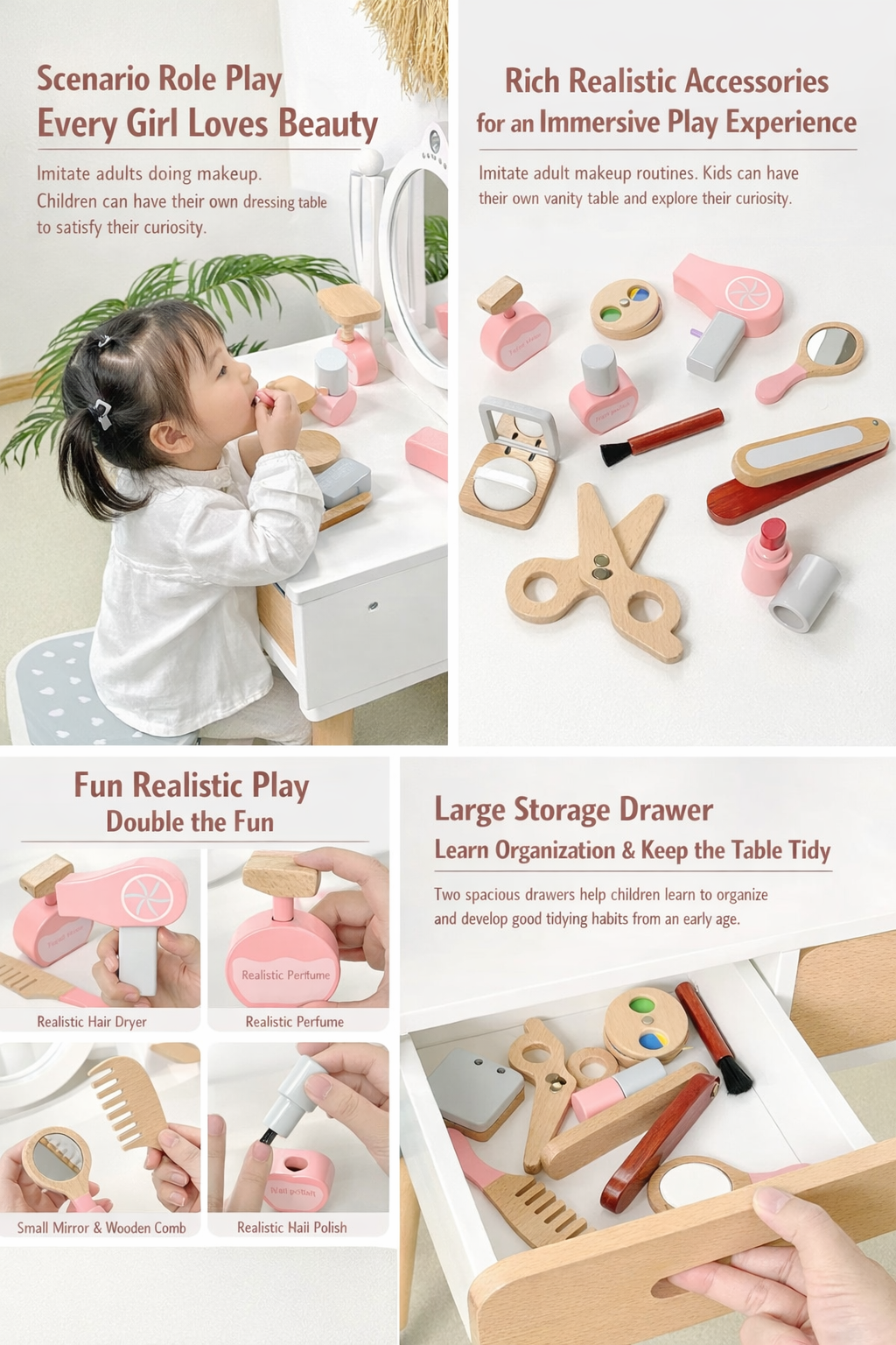 Luxury Wooden Kids Makeup Dressing Table Playset with Stool, Mirror & Beauty Accessories