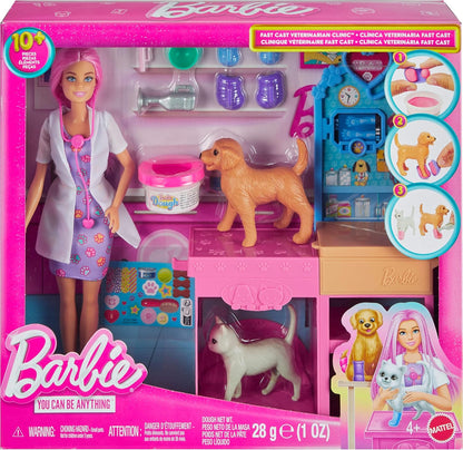 Barbie Fast Cast Veterinarian Clinic Playset with Pink Colored Hair Fashion Doll, Vet Furniture & 10+ Accessories Including Molds & Dough for Bandages JFX93